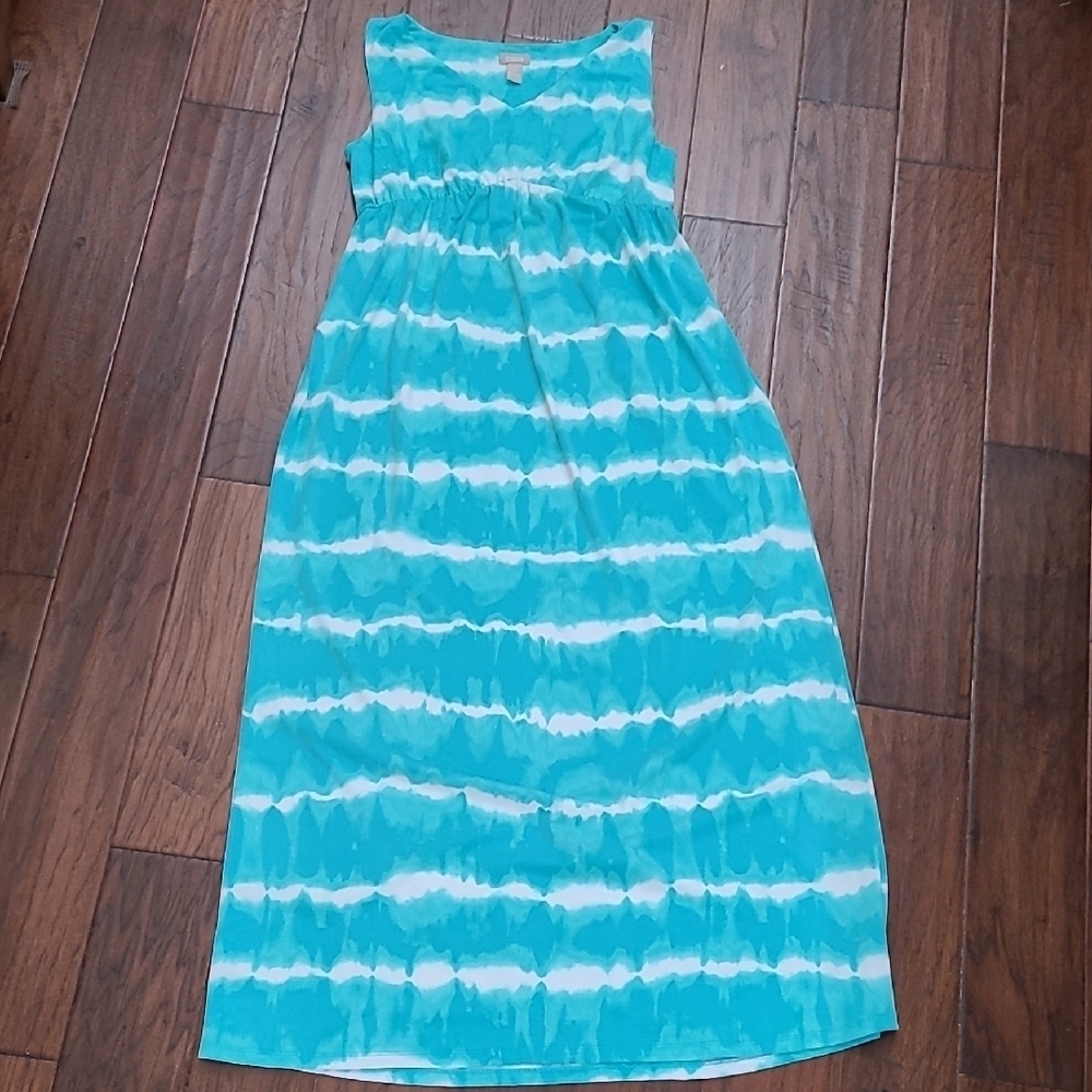 Chico's Turquoise & White Marbled Striped High-Waisted Maxi Dress size 1/Medium